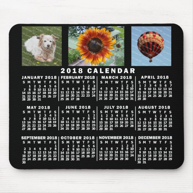 Mousepad Calendário Mensal de 2018 Preto 3 Fotos Personaliz (Frente)