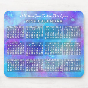 Mousepad Calendário Mensal de 2019 Estrelas Blue Watercolo