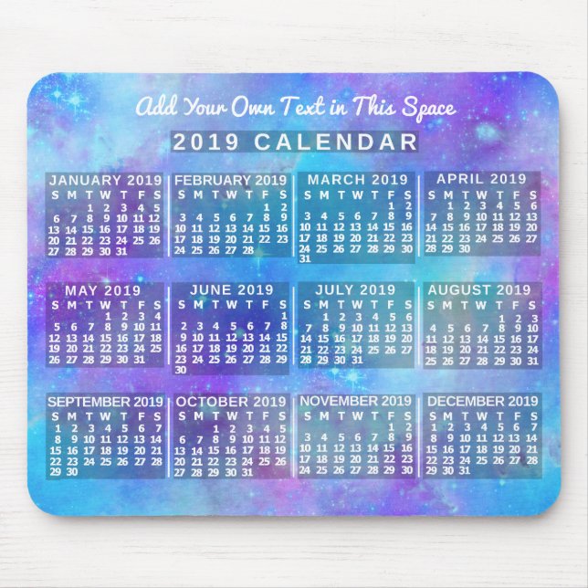 Mousepad Calendário Mensal de 2019 Estrelas Blue Watercolor (Frente)