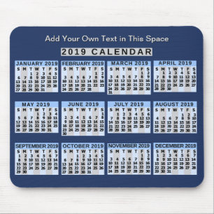 Mousepad Calendário mensal de 2019 - Fácil de ler nos neg