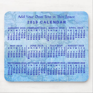 Mousepad Calendário Mensal de 2019 Mapa Anterior Azul Perso