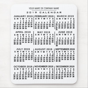 Mousepad Calendário Mensal de 2019 Nome Preto Branco Perso