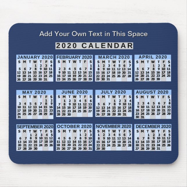 Mousepad Calendário mensal de 2020 anos de fácil leitura de (Frente)