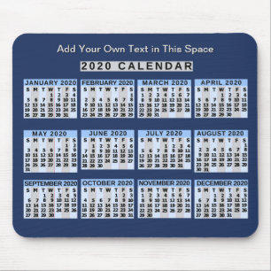 Mousepad Calendário mensal de 2020 anos fácil de ler nos 