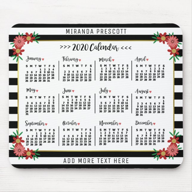 Mousepad Calendário Mensal de 2020 Anos | Pré-Brisas Florai (Frente)