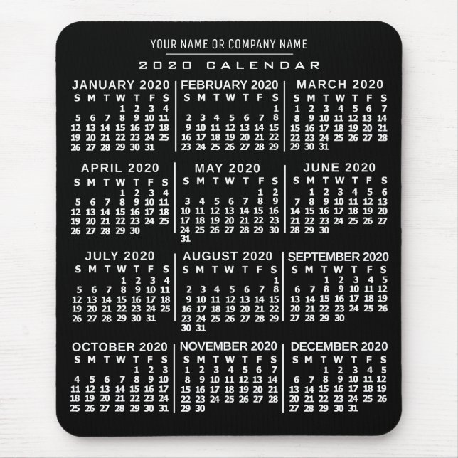 Mousepad Calendário Mensal de 2020 Anos - Preto Branco - No (Frente)