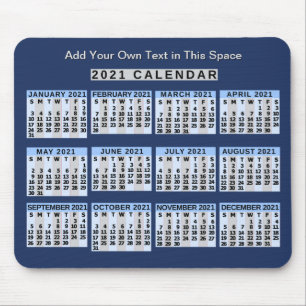 Mousepad Calendário mensal de 2021 anos fácil de ler nos 