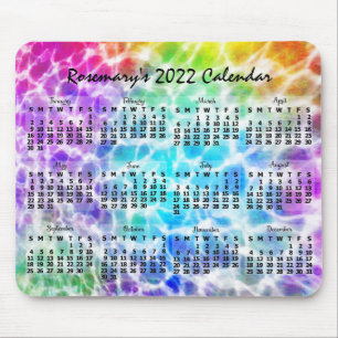 Mousepad Calendário Mensal de 2022 Tiedye Hippie Rainbow