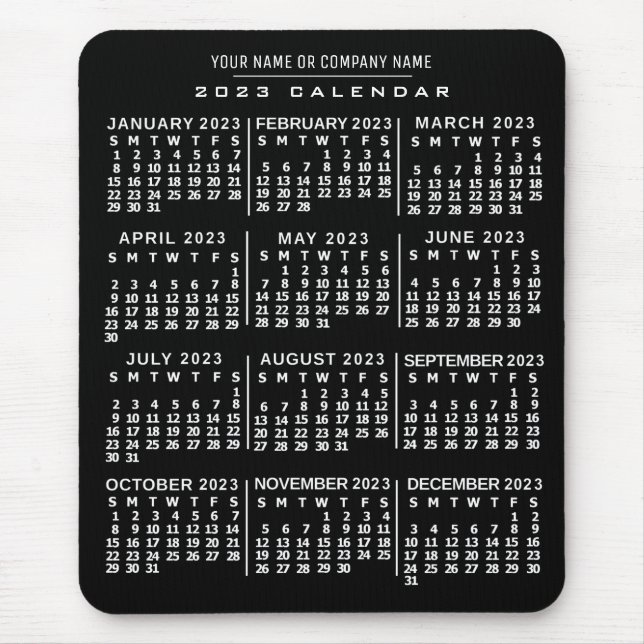 Mousepad Calendário Mensal de 2023 Anos Preto Branco Nome P (Frente)