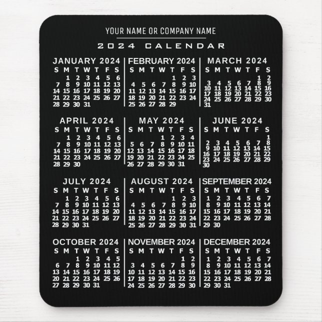 Mousepad Calendário Mensal de 2024 Anos Preto Branco Nome P (Frente)
