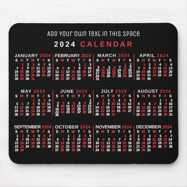 Mousepad Calendário Mensal de 2024 Anos Preto Vermelho Bran (Frente)