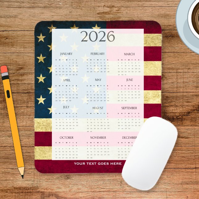 Mousepad Calendário Mini Bandeira EUA Vintage 2026 (Vintage 2026 USA Flag Mini Calendar Mouse Pad)