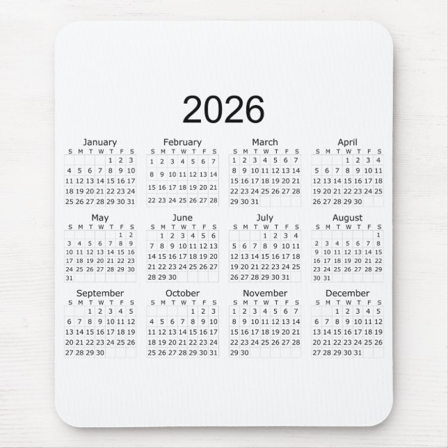 Mousepad Calendário Minimalista Simples 2026 (Frente)
