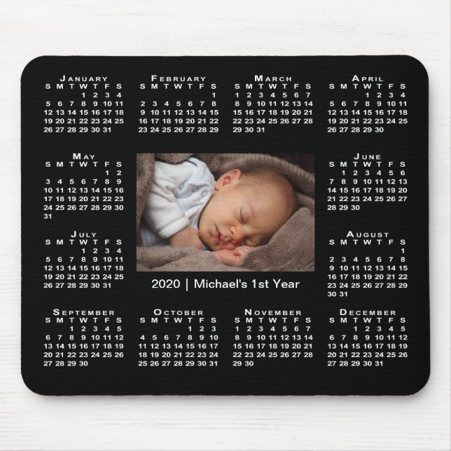 Mousepad Calendário moderno 2020 Sua foto e nome em preto (Frente)