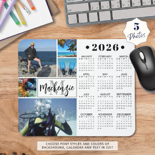 Mousepad Calendário Moderno 2026 5 Fotos Nome do Monograma