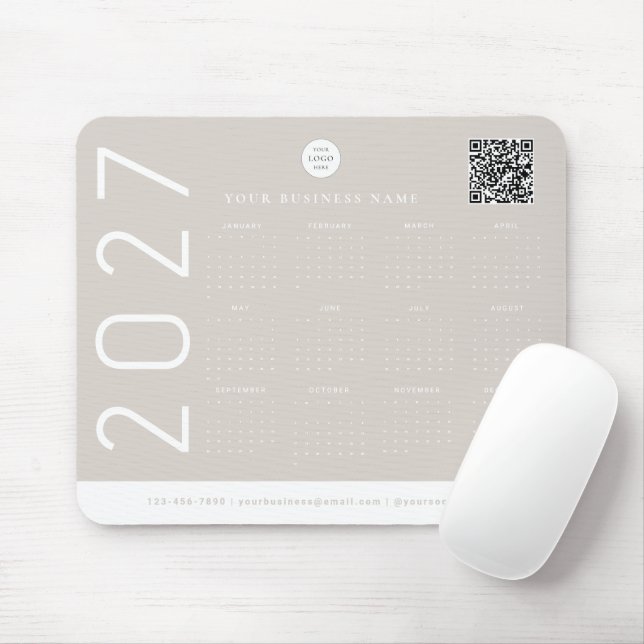 Mousepad Calendário Moderno 2027 Logotipo Empresarial Bege  (Com mouse)