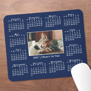 Mousepad Calendário Moderno 2027 Sua Foto Nome em Azul Mari