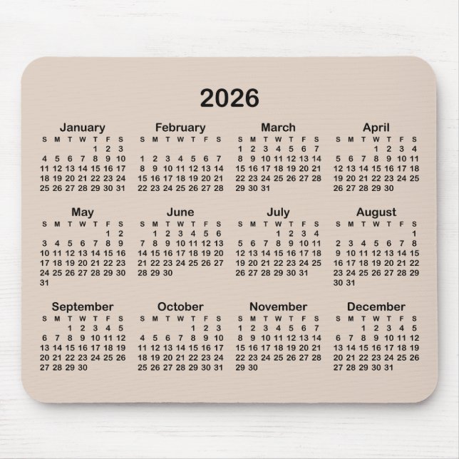 Mousepad Calendário Moderno Bege e Preto (Frente)