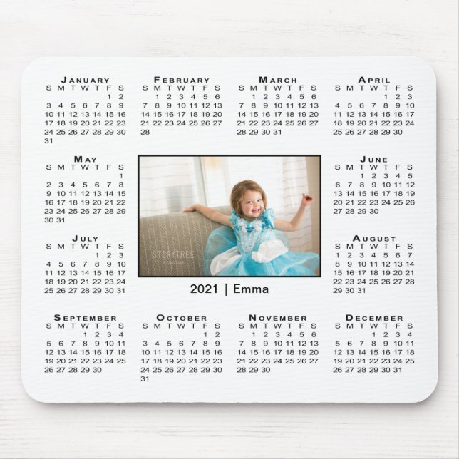 Mousepad Calendário moderno de 2021 Foto e nome em branco (Frente)