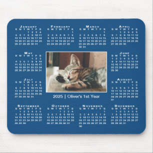 Mousepad Calendário moderno de 2025 Seu nome de foto em azu