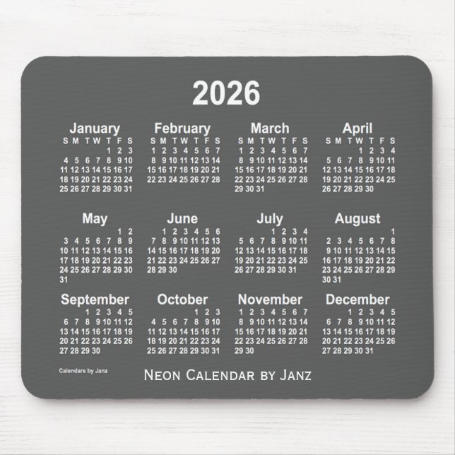 Mousepad Calendário Neon Charcarboneto de 2026 por Janz (Frente)