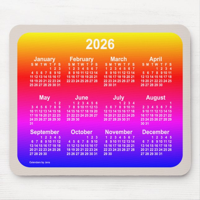 Mousepad Calendário Neon Rainbow 2026 de Janz 2 tons (Frente)