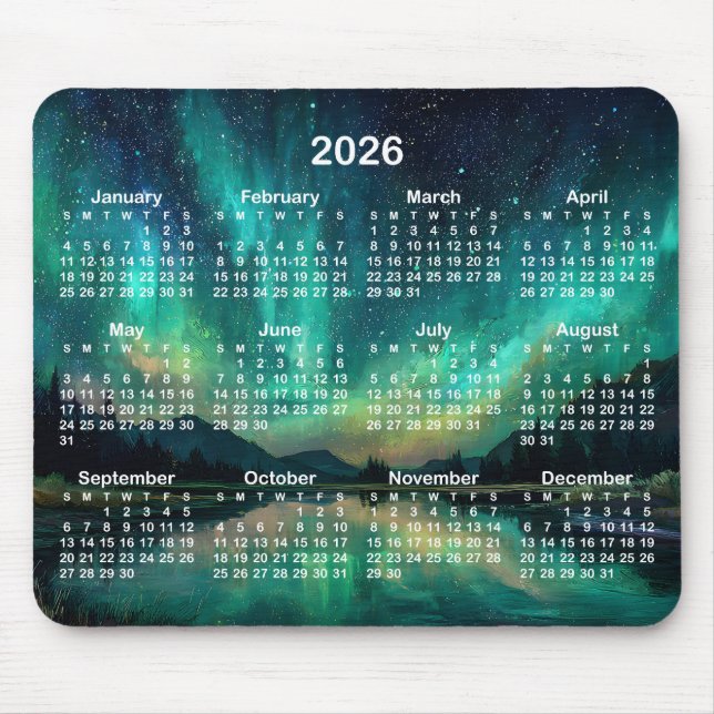 Mousepad Calendário Paisagem Noturna Aurora 2026 (Frente)