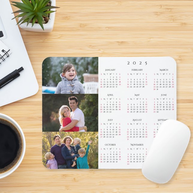 Mousepad Calendário Personalizado da Família de Colagem de  (Personalized 3 Photo Collage Family 2025 Calendar Mouse Pad)