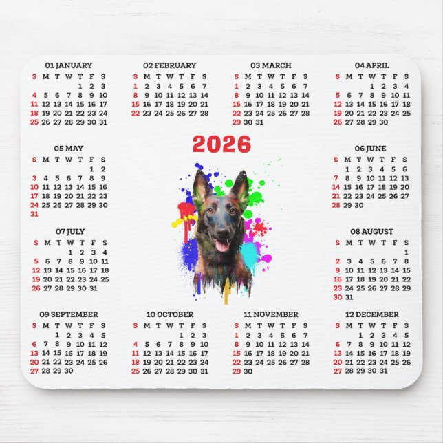Mousepad Calendário Personalizável do Cão Malinois Fofo (Frente)