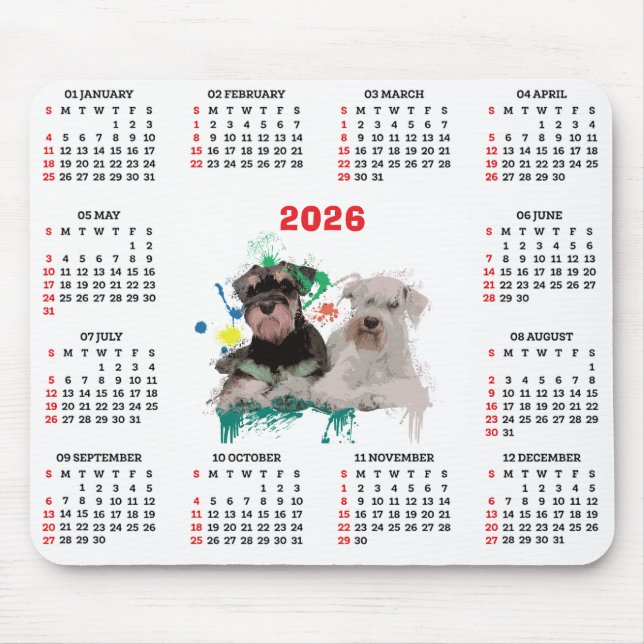 Mousepad Calendário Personalizável do Cão Schnauzer Fofo (Frente)
