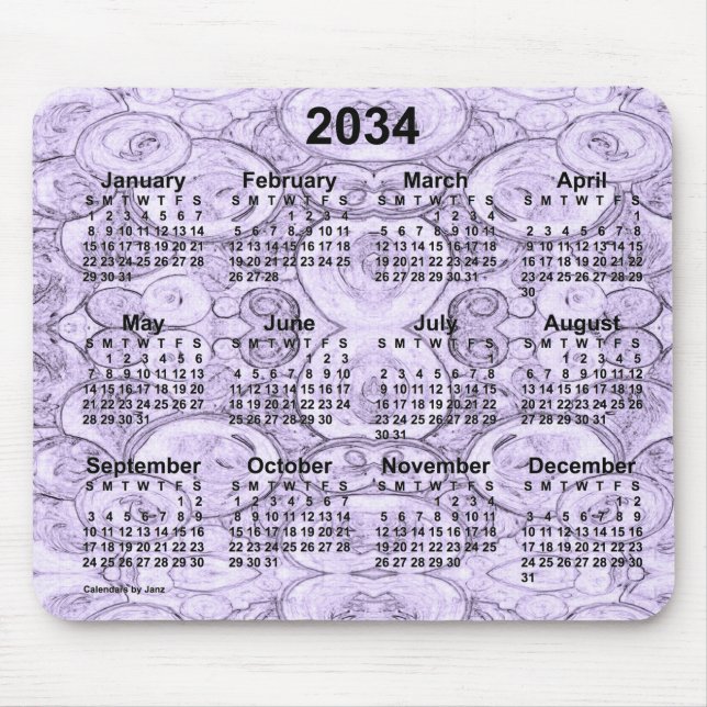 Mousepad Calendário Púrpura 2034 de pequenas bolhas por Jan (Frente)