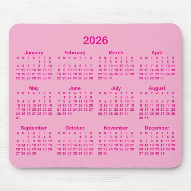 Mousepad Calendário Rosa Claro e Vibrante 2026 (Frente)