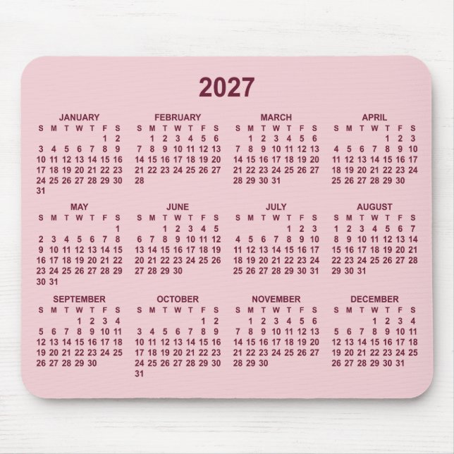 Mousepad Calendário Rosa e Borgonha 2027 (Frente)