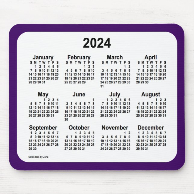 Mousepad Calendário roxo e branco de 2024 por Janz Dois Tom (Frente)