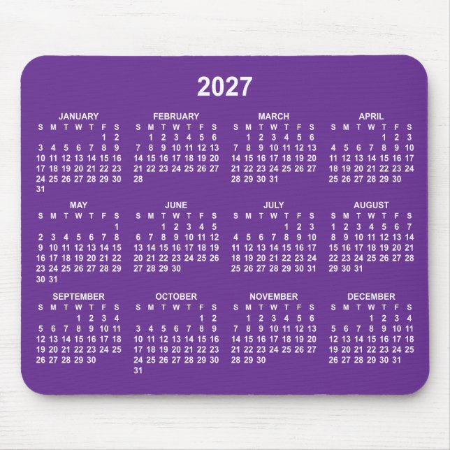 Mousepad Calendário Roxo Real e Branco 2027 (Frente)