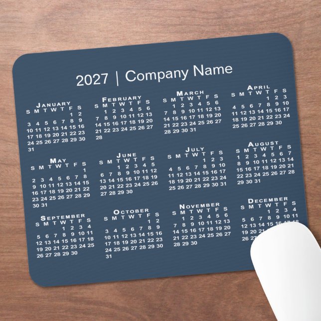 Mousepad Calendário Simples 2027 Nome da Empresa Azul Marin (Simple 2027 Calendar Company Name Navy Blue Mouse Pad in situ)