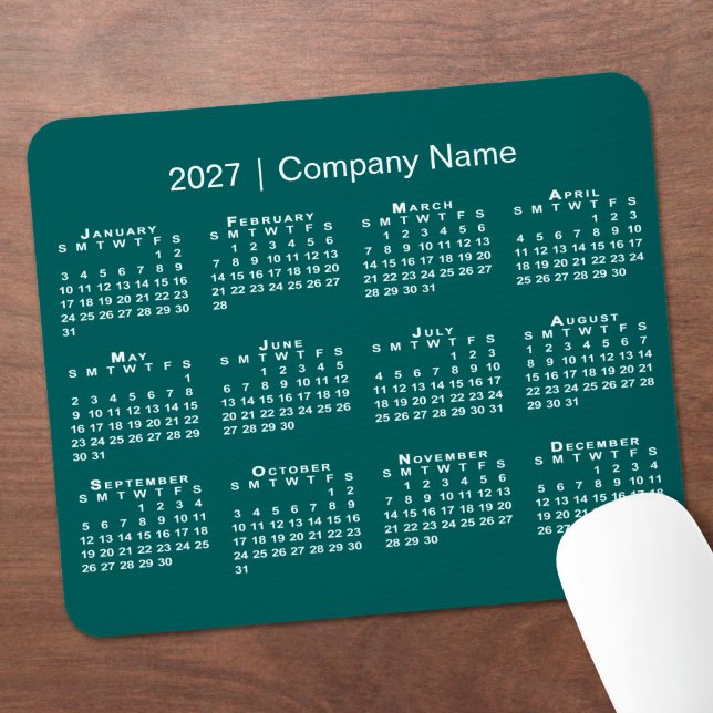 Mousepad Calendário Simples 2027 Nome da Empresa Azul-Verde (Simple 2027 Calendar Company Name Blue-Green Mouse Pad in situ)
