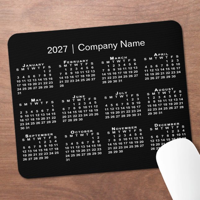 Mousepad Calendário Simples 2027 Nome da Empresa Preto (Simple 2027 Calendar Company Name Black Mouse Pad in situ)