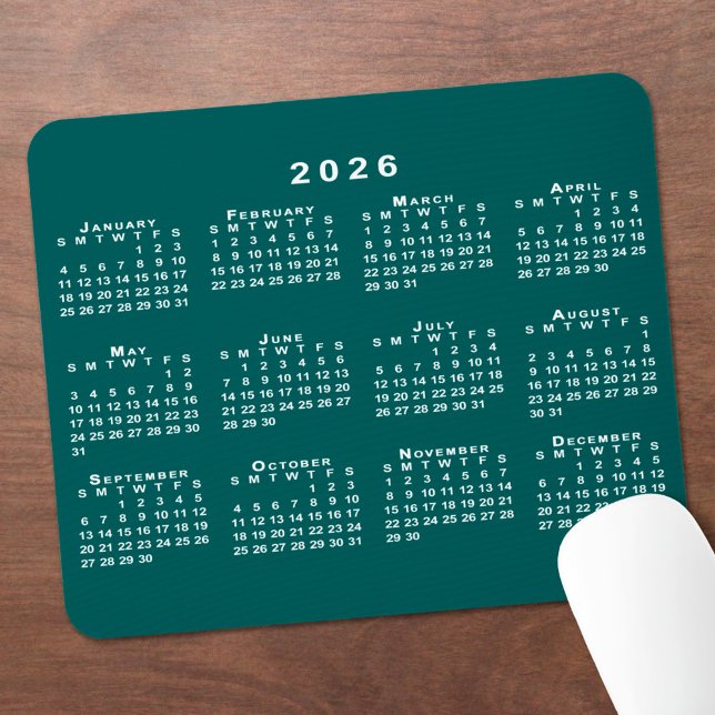 Mousepad Calendário Simples Azul-Verde e Branco 2026 (Simple Blue-Green and White 2026 Calendar Mouse Pad, in situ)