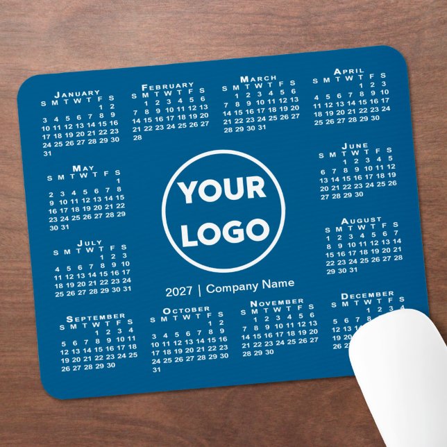 Mousepad Calendário Simples de 2027 com Logotipo Empresaria (Simple 2027 Calendar Business Logo on Blue Mouse Pad in situ)