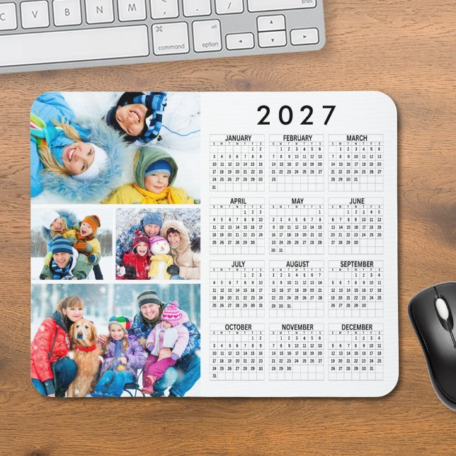 Mousepad Calendário Simples de 2027 para Colagem de 4 Fotos (Criador carregado)