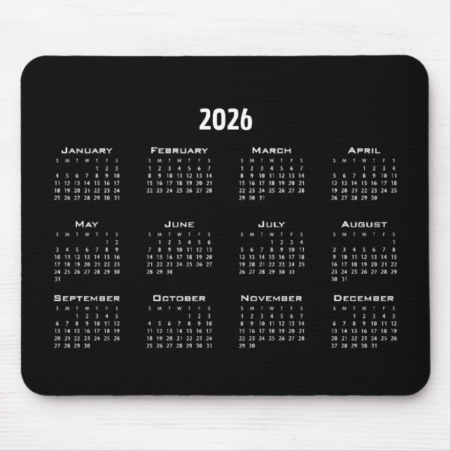 Mousepad Calendário Simples Preto | Moderno Simples (Frente)
