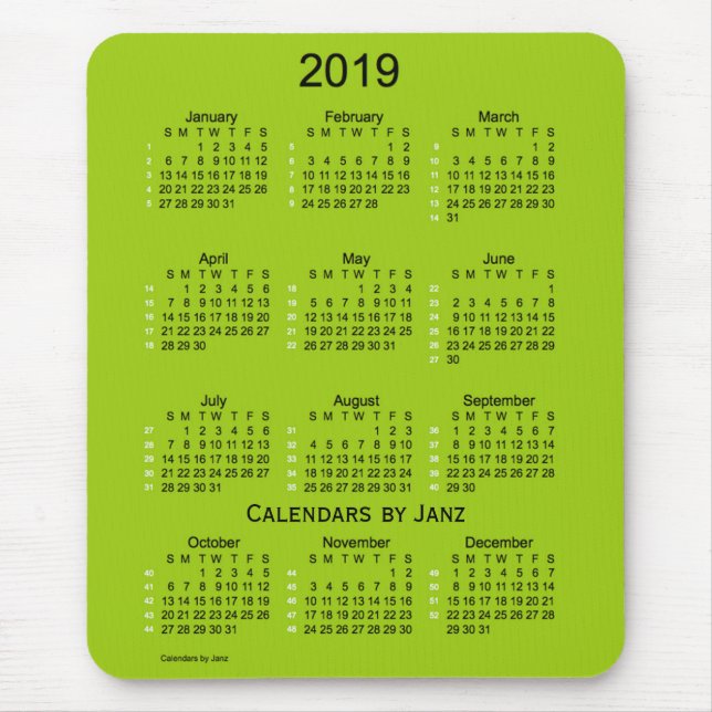 Mousepad Calendário verde-amarelo de 52 semanas 2019 por (Frente)
