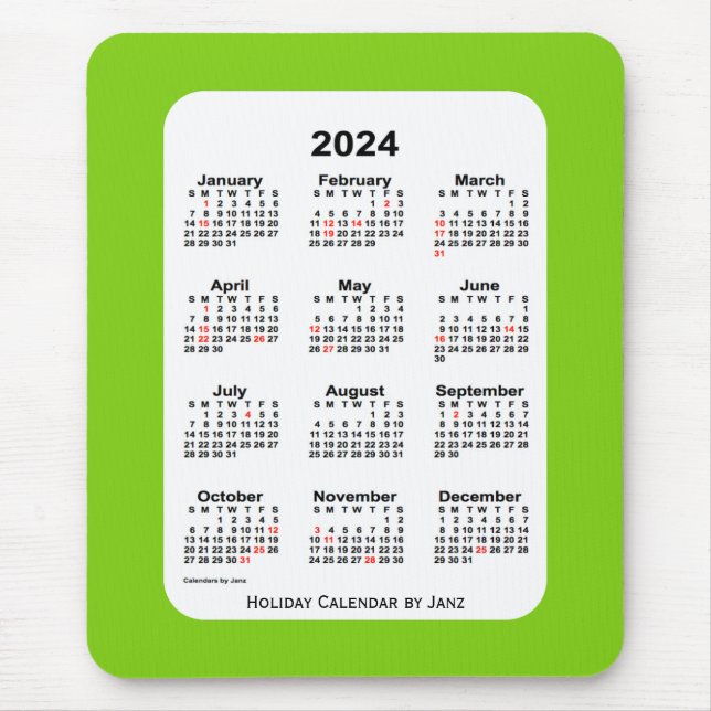 Mousepad Calendário Verde Amarelo Feriado de 2024 por Janz (Frente)