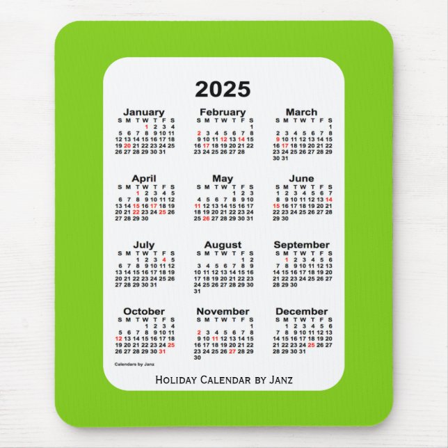 Mousepad Calendário Verde Amarelo Feriado de 2025 por Janz (Frente)
