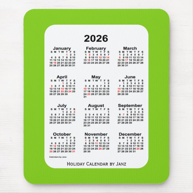Mousepad Calendário Verde Amarelo Feriado de 2026 por Janz (Frente)