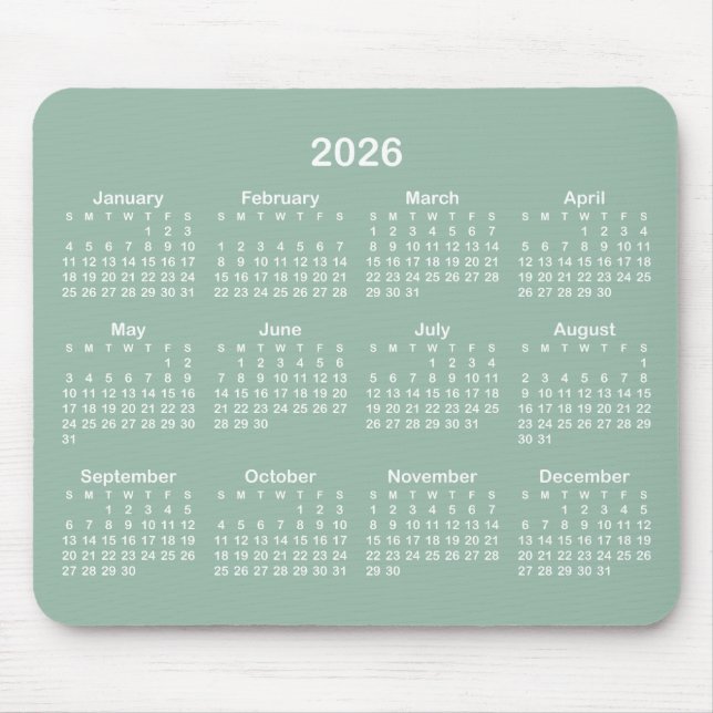 Mousepad Calendário Verde-Chá e Branco (Frente)