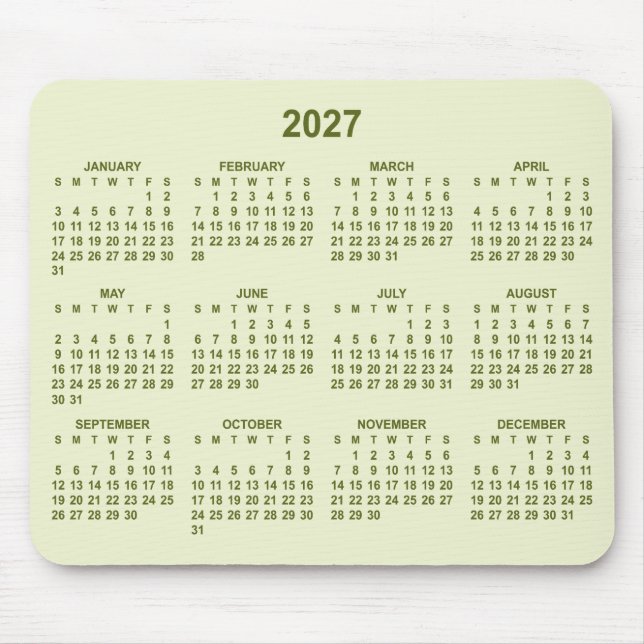 Mousepad Calendário Verde Lima Pastel 2027 (Frente)