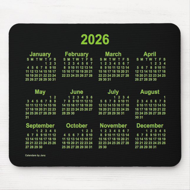 Mousepad Calendário Verde Neon Yellow 2026 por Janz (Frente)