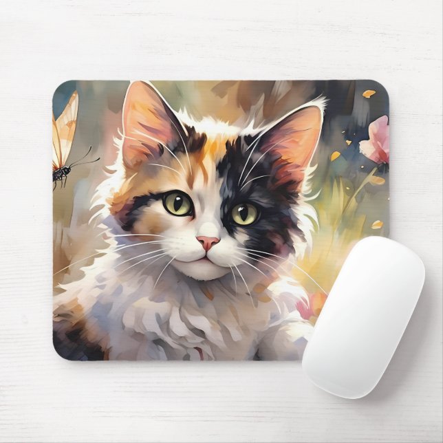 Mousepad Calico Cat e borboletas no Primavera Garden (Com mouse)